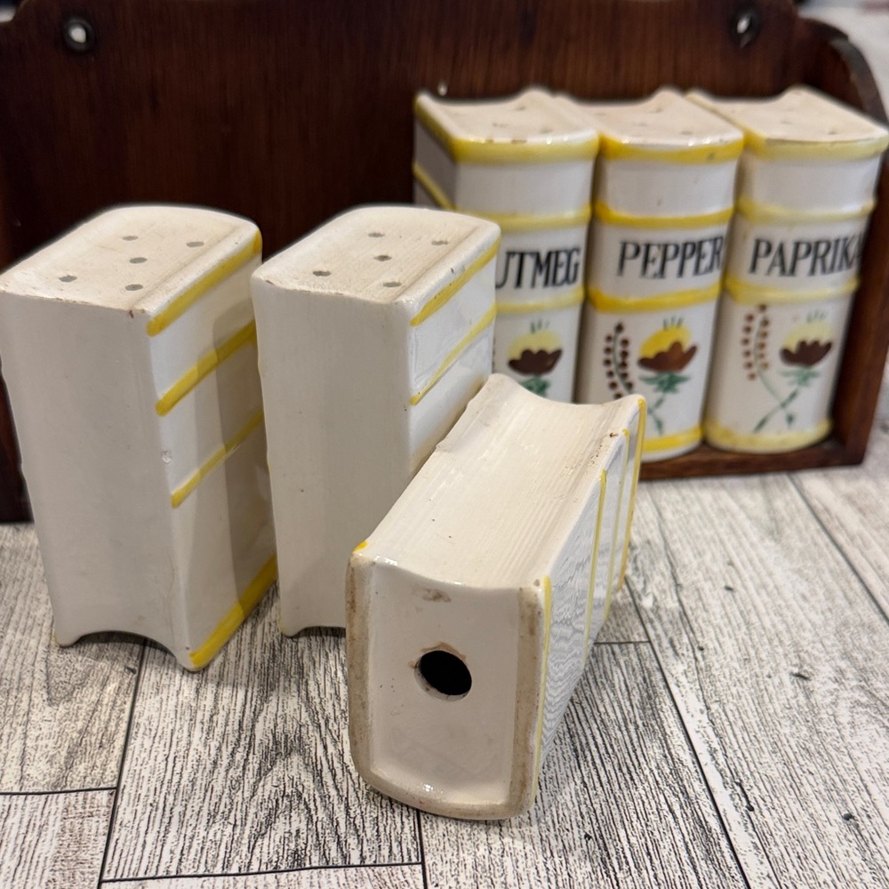 Vintage Ceramic Spice Jar Set with Wooden Rack - White & Yellow - Picture 2 of 2
